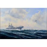 Kenneth Grant, a seascape with HMS Hermes, during the Falklands Conflict, oil on canvas, signed,