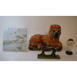 A Chinese tile, decorated a fisherman, 21 cm wide, a glass flask, in the form of a pig,