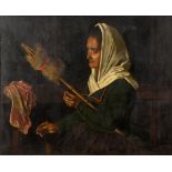 English school, late 19th century, a lady spinning yarn, oil on canvas,