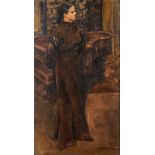 Manner of Sir John Lavery, a full length portrait of a lady leaning against a boudoir grand piano,
