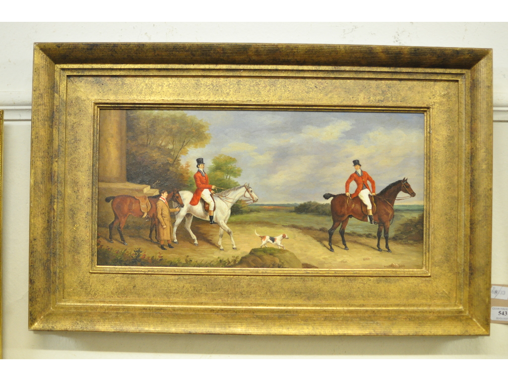 C Harrison, readying for the hunt, depicting two gentlemen in hunting pink, with a hound at foot, - Image 2 of 4