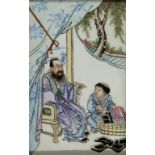 A Chinese porcelain panel, decorated a figure and attendant in enamel colours, 20 x 12.