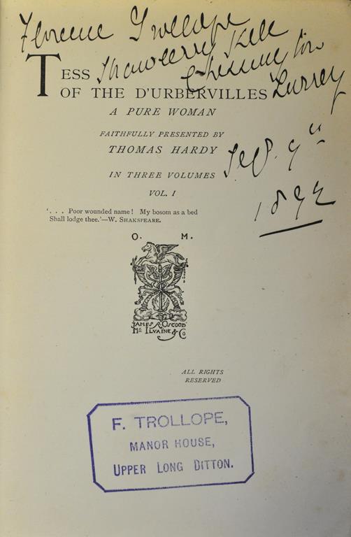 Hardy (Thomas) Tess of the D'Urbervilles, 1st edition, 1891, three vols, XXV to page 199,