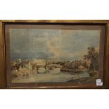 Manner of Thomas Girtin, a river landscape with bridge, buildings and figures, watercolour,