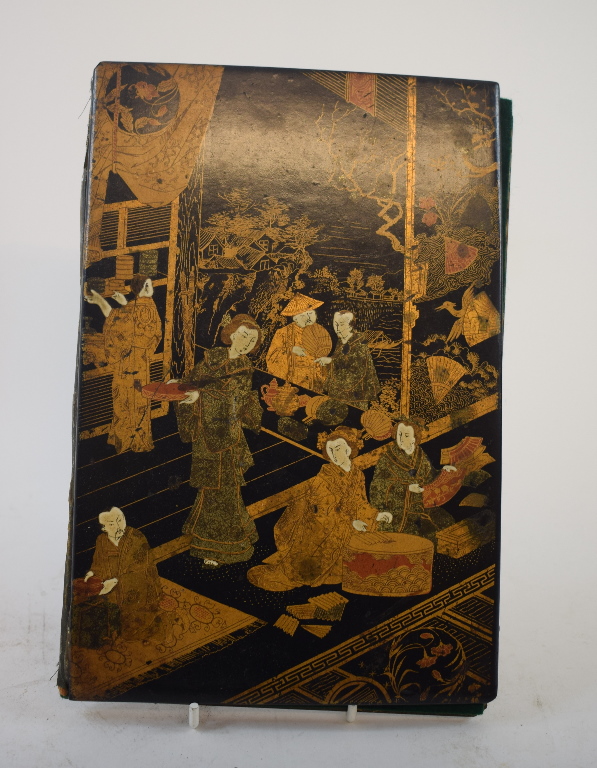 A lacquered blotter, with chinoiserie de