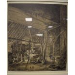 A print, of cattle in a byre