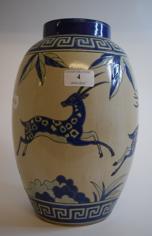 A pottery vase, decorated deer, 28.5 cm