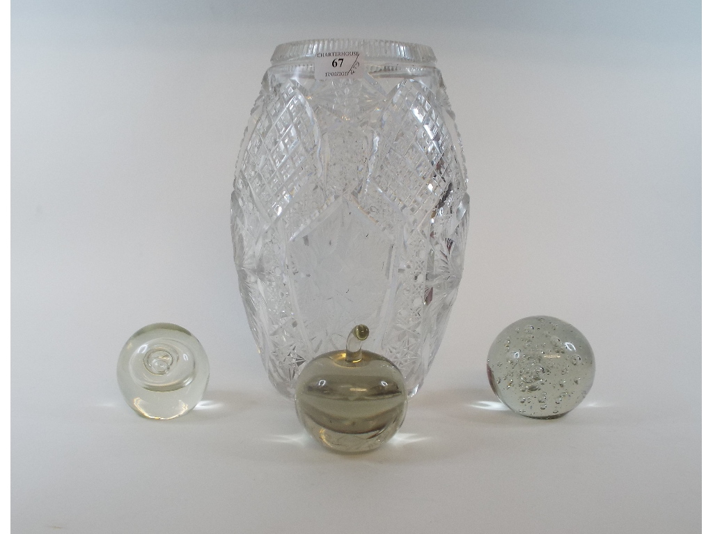 A cut glass vase, of navette form, with