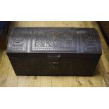 An Arts & Craft leather trunk, with tool