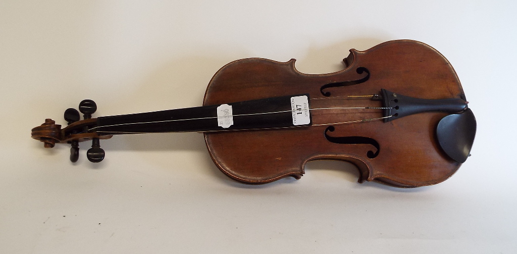 A violin, with a 14 inch one piece back