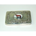 A silver box, applied a plaque decorated