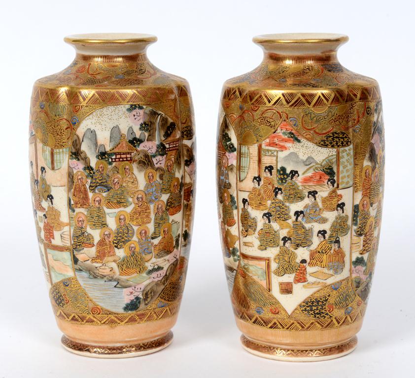 A pair of Satsuma vases, of lobed oval f