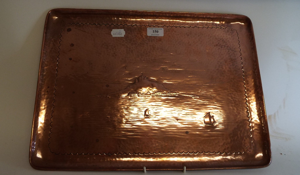 A Newlyn copper tray, decorated St Micha