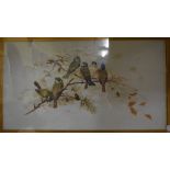 A C (?) six tits perched on a branch, gouache on porcelain panel, initialled,