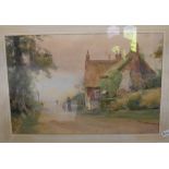 J Fraser, figures passing by an inn, watercolour, signed,
