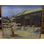 Chinese School, 20th century, Peking Temple, oil on board, 61 x 74 cm, a caricature,