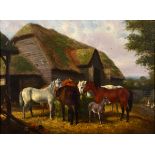 Manner of J F Herring Jnr, five horses and a donkey in a farmyard, oil on canvas,