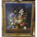 English school, 20th century, a still life of flowers, oil on board, indistinctly signed,