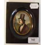 A bust portrait miniature, of a woman wearing a stove pipe type hat, 8 x 5.
