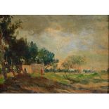 Kamel Moustafa, a rural scene with a figure and trees, oil on board, signed,