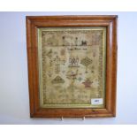 An early 19th century sampler, by Diana Price 1814, with motifs of buildings, people,