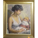 Sabry Ragheb, a portrait of a lady holding her baby, oil on canvas, signed, 47.5 x 37.