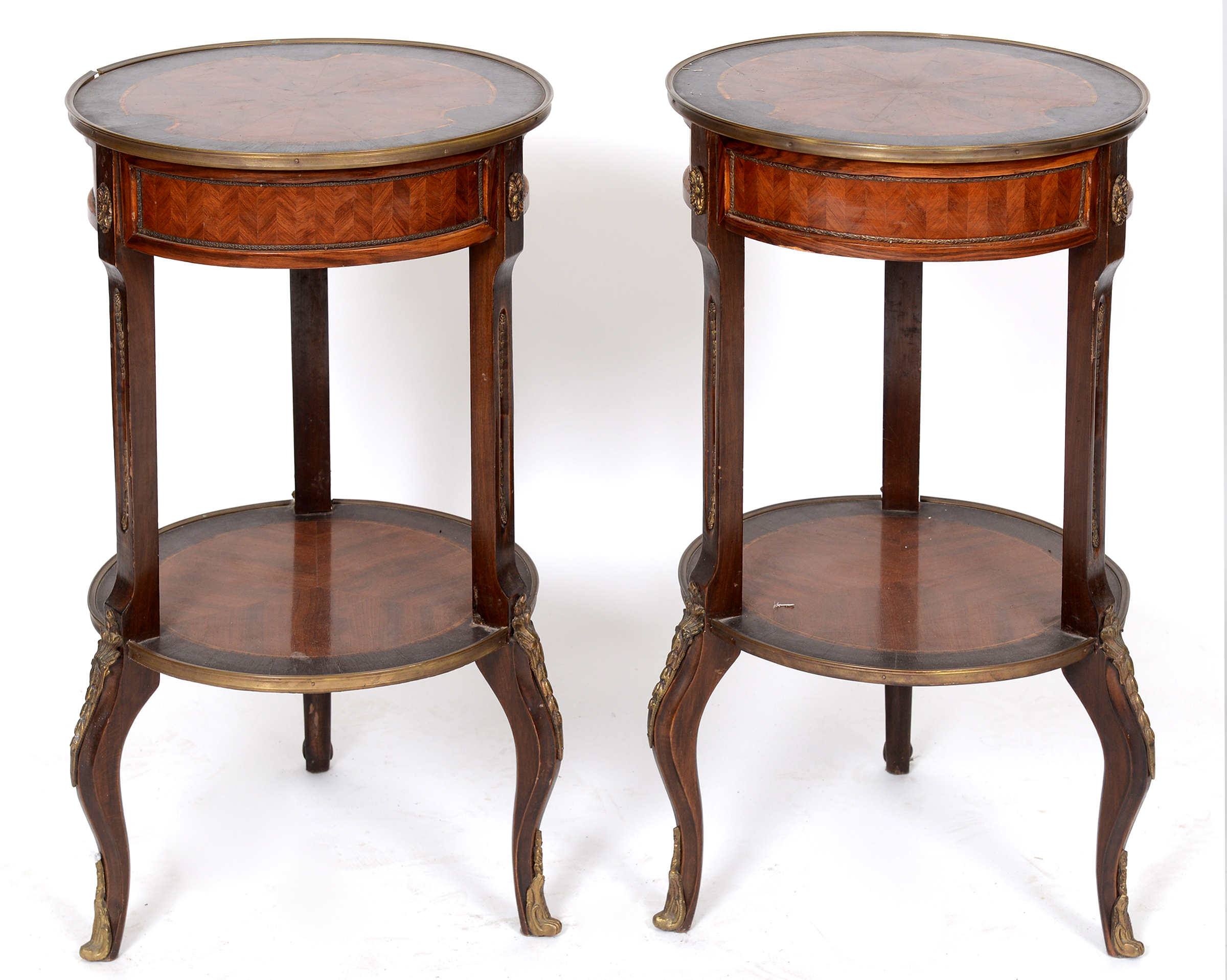 A pair of Louis XVI style inlaid mahogany two tier occasional tables, on cabriole legs,