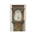 A longcase clock, the 30 cm arched square painted dial with Roman numerals,