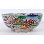 A Chinese export porcelain bowl, decorated European hunting scenes, cracked and repaired, 31.