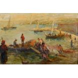 Kamel Moustafa, a harbour scene, with fishermen unloading the catch, figures and sailing boats,