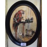 E L (?), a parrot and a terrier, oil on board, initialled and dated 08, oval, 24.5 x 17.