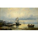 William Thornley, figures alighting a masted ship and other shipping in an estuary, oil on canvas,
