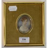 An oval bust portrait miniature, of a lady wearing a pearl necklace, watercolour,