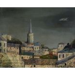 ɑ Fred Uhlman, town and church, oil on board, signed, with Leicester Galleries label verso,