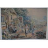 Circle of Miles Birket Foster, a family outside a country cottage, watercolour, initialled,