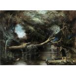English school, early 19th century, a trout fisherman, in a wooded river landscape, pastel,