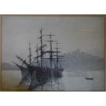 Hely Augustus Morton Smith, three masted ships moored in an estuary, watercolour, signed,