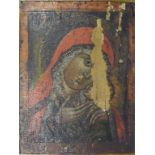 A painted wood icon, the Madonna and Child, 21 x 16 cm, a silver coloured metal icon,
