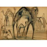 Ragheb Ayad, camels and countrywomen, watercolour on paper, signed and dated 1964,