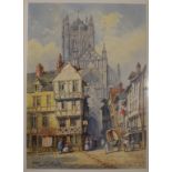 Pierre Le Boeuff, a northern European street scene, watercolour, signed, 38 x 27 cm,