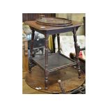 An Edwardian inlaid mahogany octagonal two tier table, 61 cm wide, another similar,