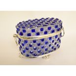 A blue and clear glass biscuit barrel, with plated mounts,