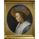 English school, 19th century, a bust profile portrait of a lady wearing a hat, oil on canvas,