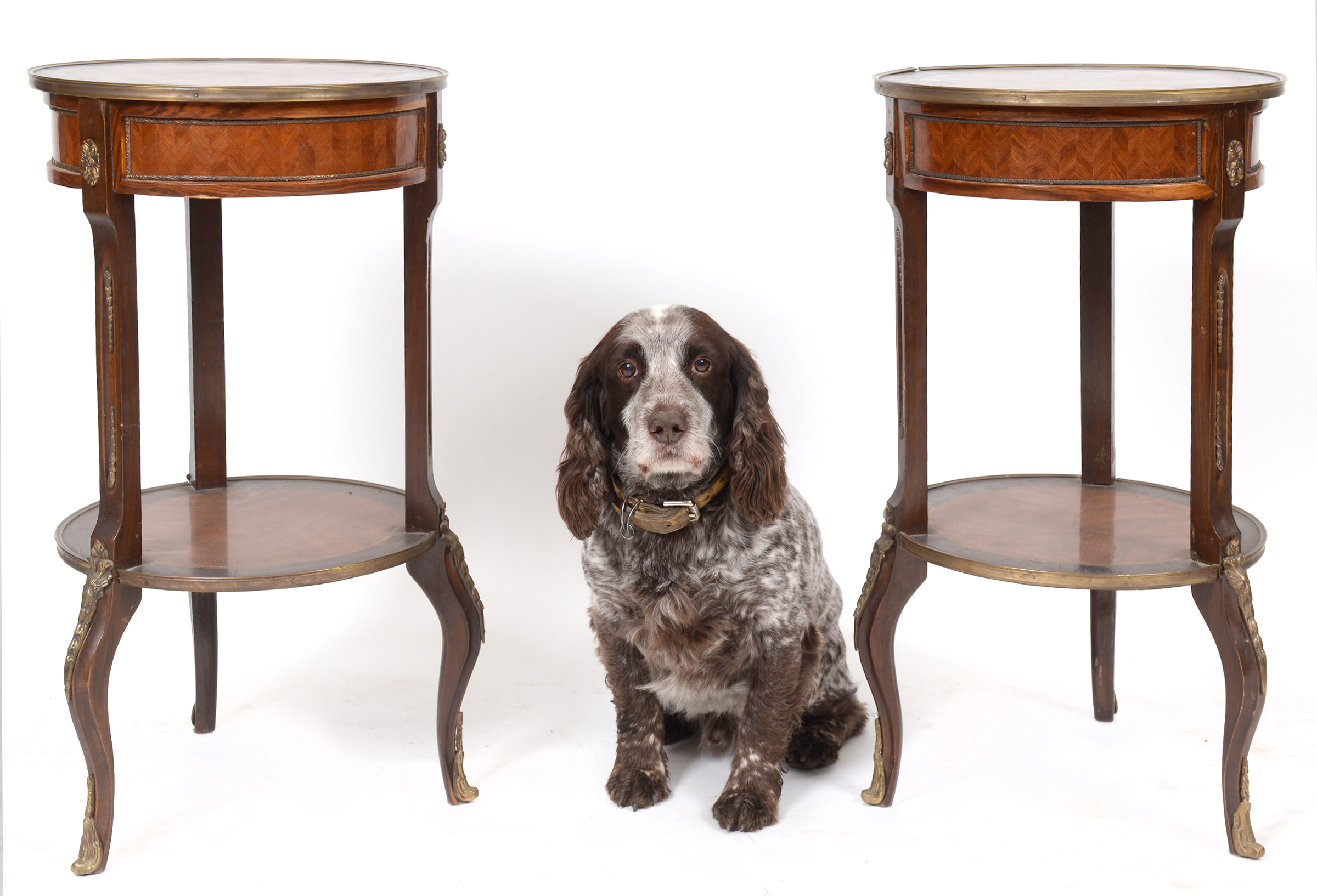 A pair of Louis XVI style inlaid mahogany two tier occasional tables, on cabriole legs, - Image 2 of 2