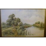 Henry Kinnaird, the Thames near Pangbourne, with cattle grazing and figures walking the bank,