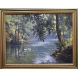 Rex Preston, a river with swans and overhanging trees, oil on canvas, signed and dated 75,