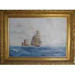 E D Walker, tall ships off a coastline, oil on canvas, signed,