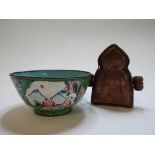 A copper reliquary box, 9 cm high, and a Cantonese enamel bowl (a.f.
