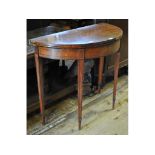 A George III inlaid satinwood D shaped card table, on tapering square legs, 86.