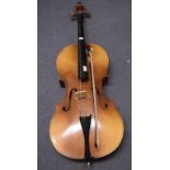 A cello, with a 30 inch one piece back, and a bow,